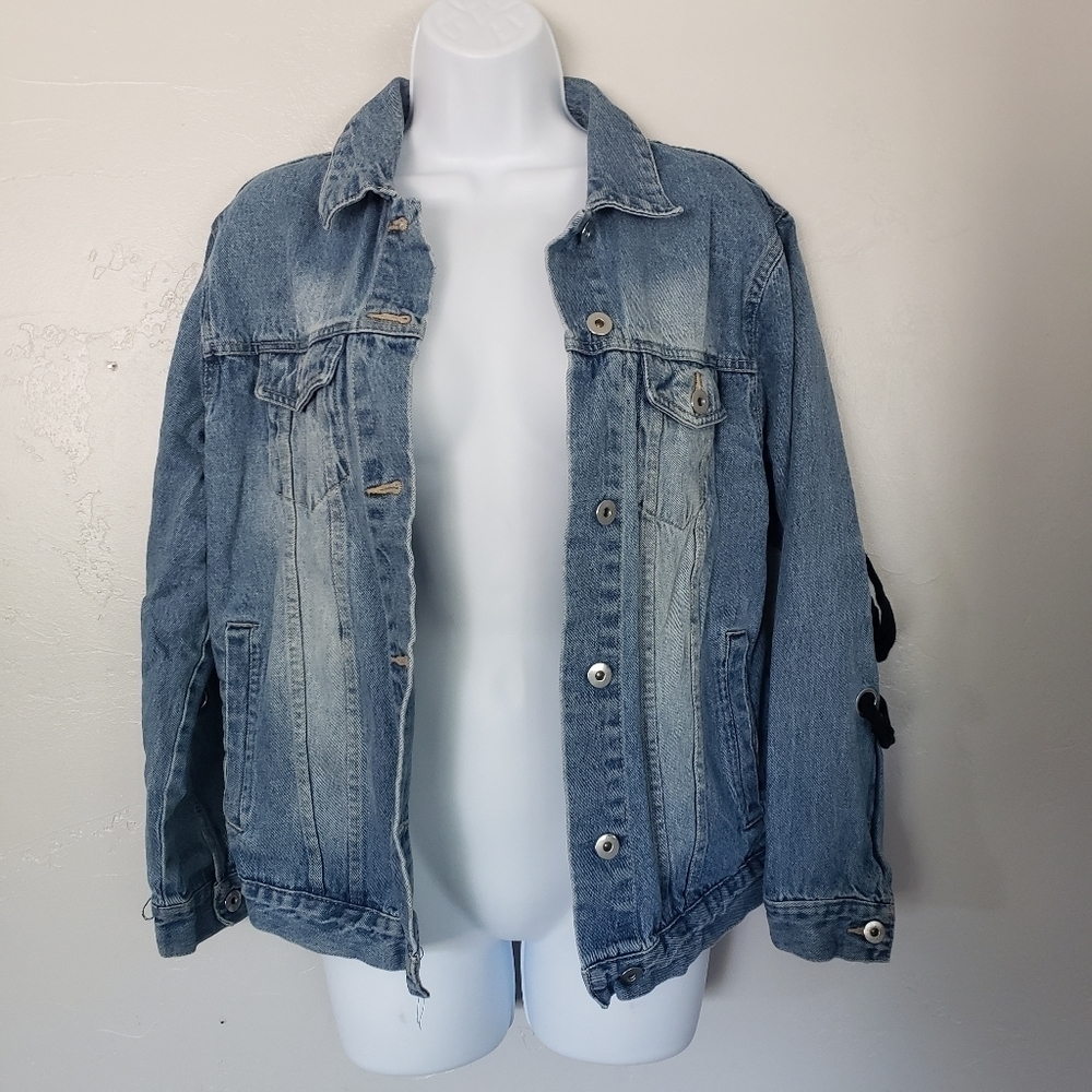 Love Tree Jean Denim Jacket Black Lace Up Arms Back Denim Small - Picture 2 of 7